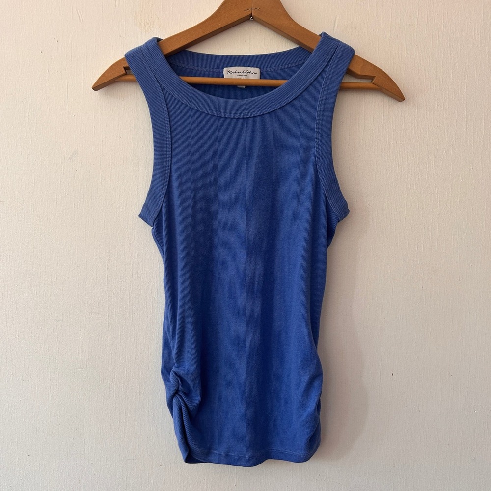 Michael Stars Tank Top Small Blue Ribbed Ruched Sides Coastal Layering USA